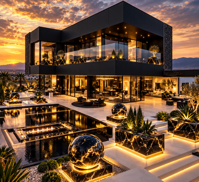 A modern two-story luxury home with dark cladding and large lit windows at sunset, mountains behind it, and in the foreground a reflective pool with fire features and glowing golden spheres resting on marble pedestals
