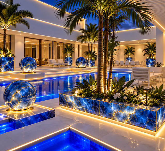A lit blue pool at night with glowing blue and gold onyx spheres and rectangular onyx planters along the water’s edge, warm LED strip lighting beneath them, palm trees and white patio furniture around the terrace, in front of a modern white building with tall glass doors