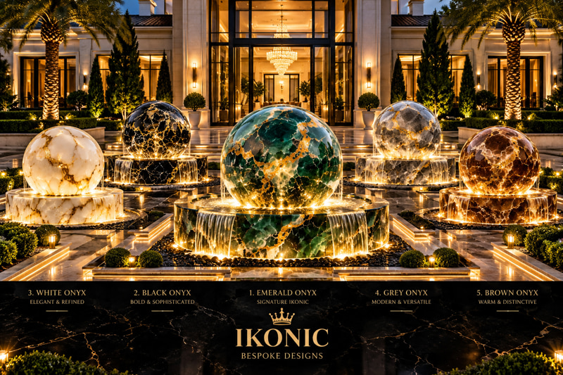Five illuminated onyx spheres on cascading stone fountains in a courtyard at night, beneath the IKONIC Bespoke Designs banner