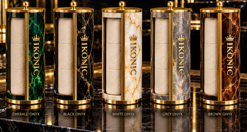 The five IKONIC Onyx holders in a row: emerald, black, white, grey and brown marble with gold rims