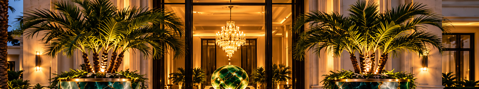 Two glowing green onyx planters holding palms, flanking a lit entrance at night