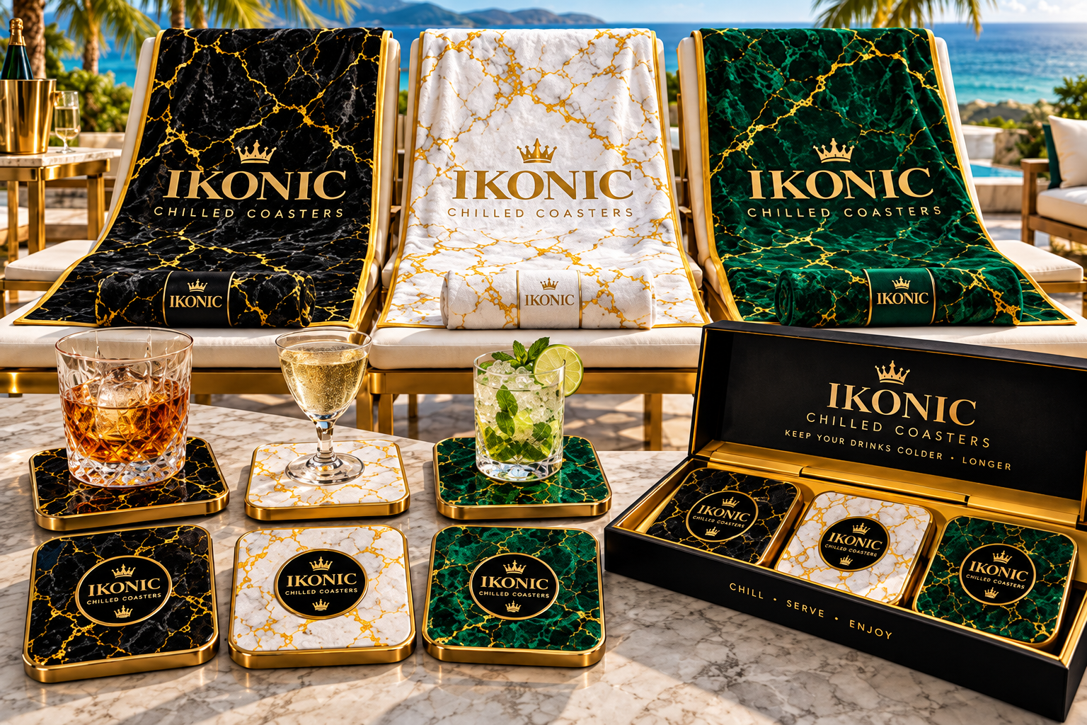IKONIC chilled coasters in black, white and green marble under cocktails on a marble table, with matching towels over lounge chairs behind