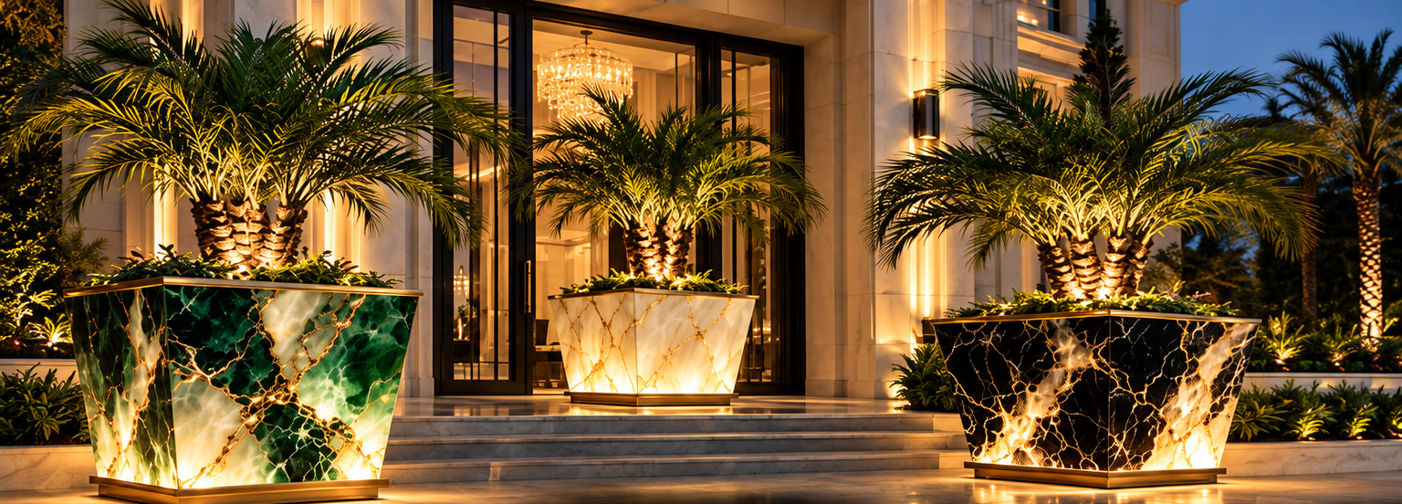 Three backlit onyx planters holding small palms on a stone porch at dusk, in front of a building entrance