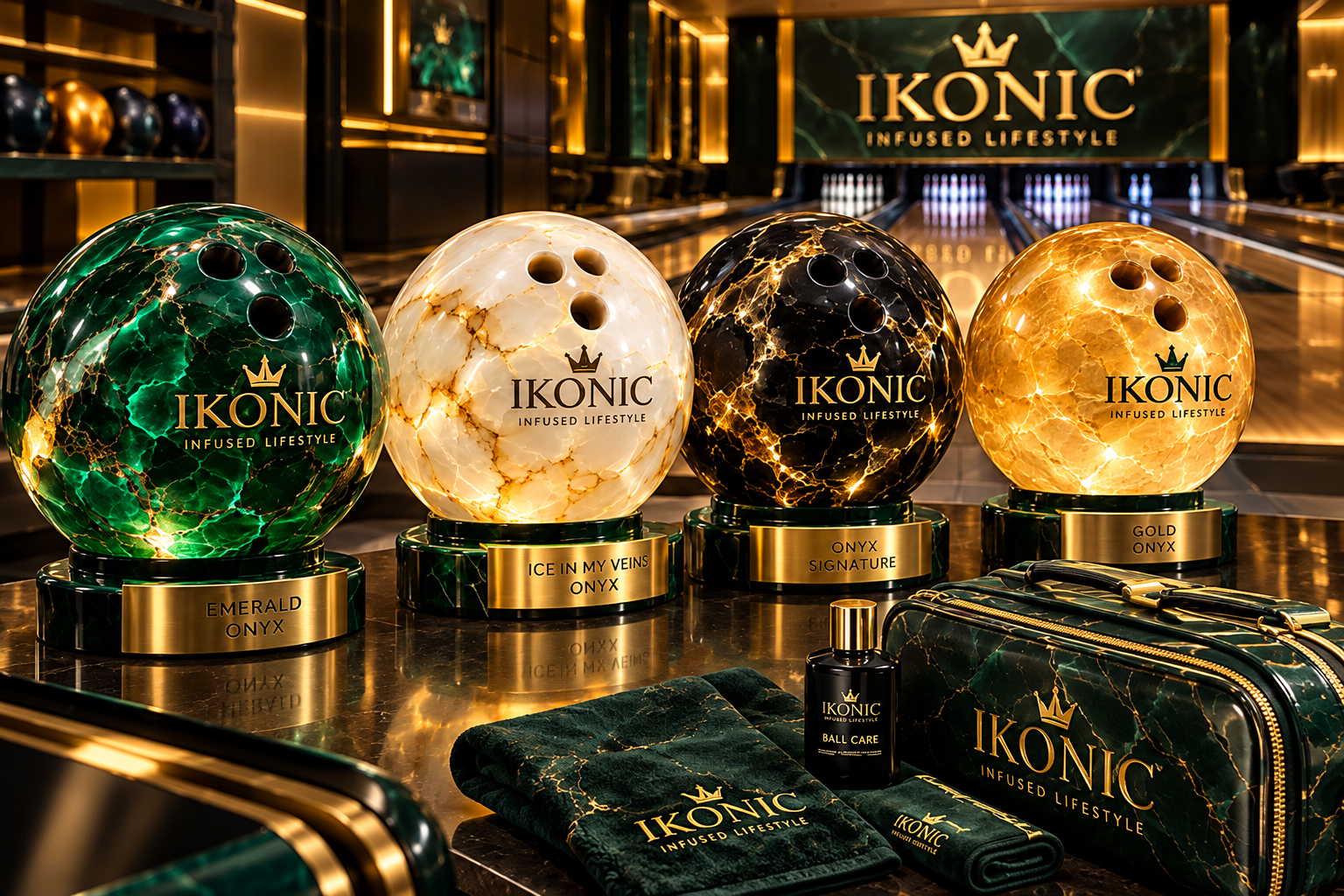Four onyx bowling balls on gold-rimmed stands beside a matching stone bag, towel and ball care bottle